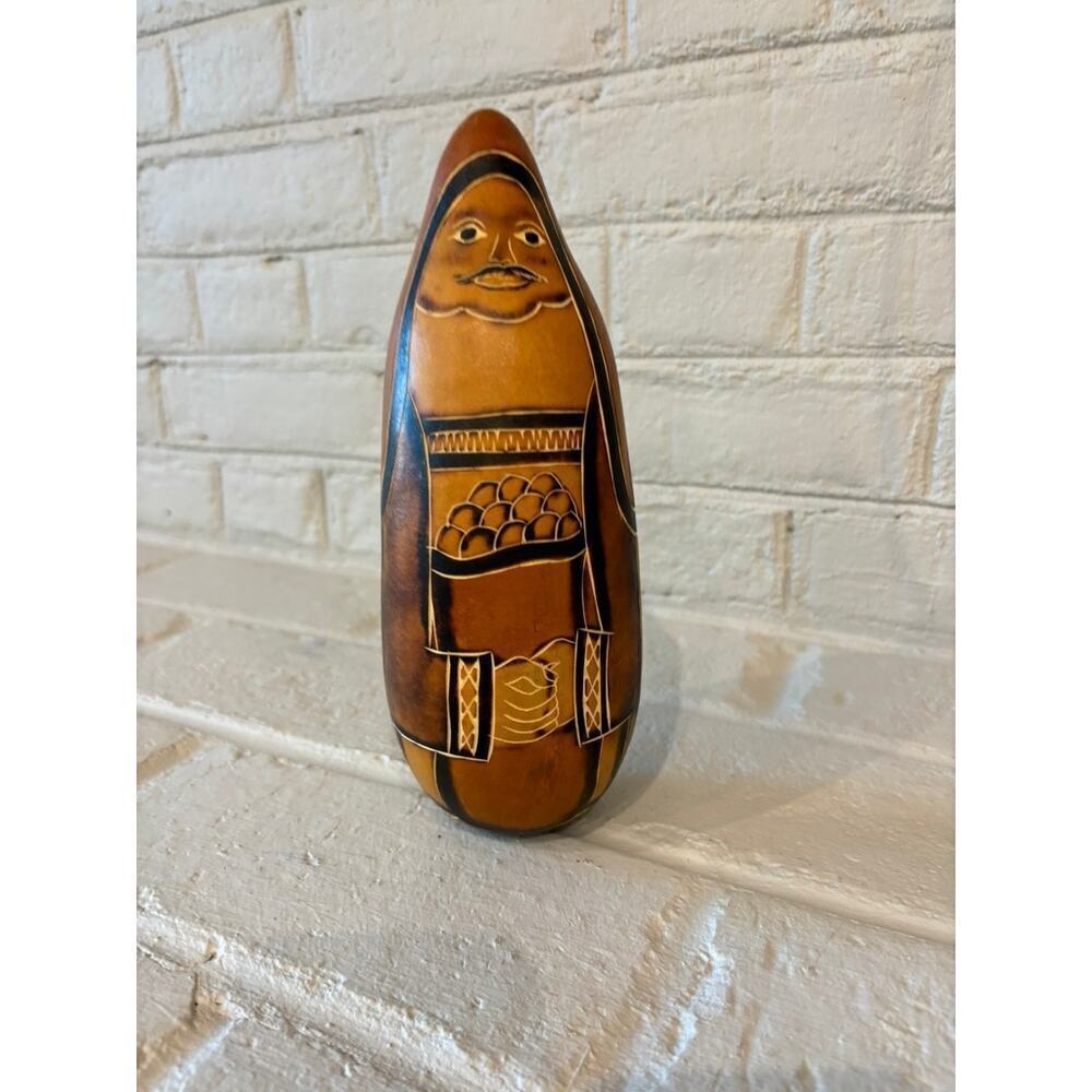 Carved Gourd Folk Art Hand Carved Etched Vintage